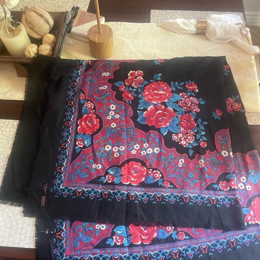 Black Floral Scarf with Red and Blue Accents